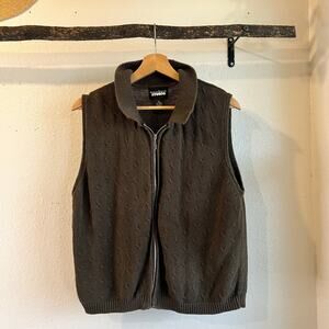 90s Vintage Olive Green Cotton Chunky Knit Zip Up Sweater Vest Size Large to XL